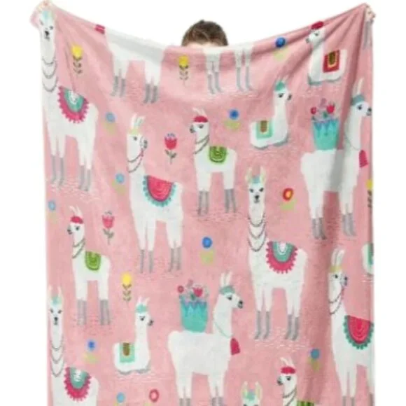 Cartoon Llama Alpaca Pink Flannel Blanket Soft Plush Throw Animals Girls Bedroom - Picture 2 of 4